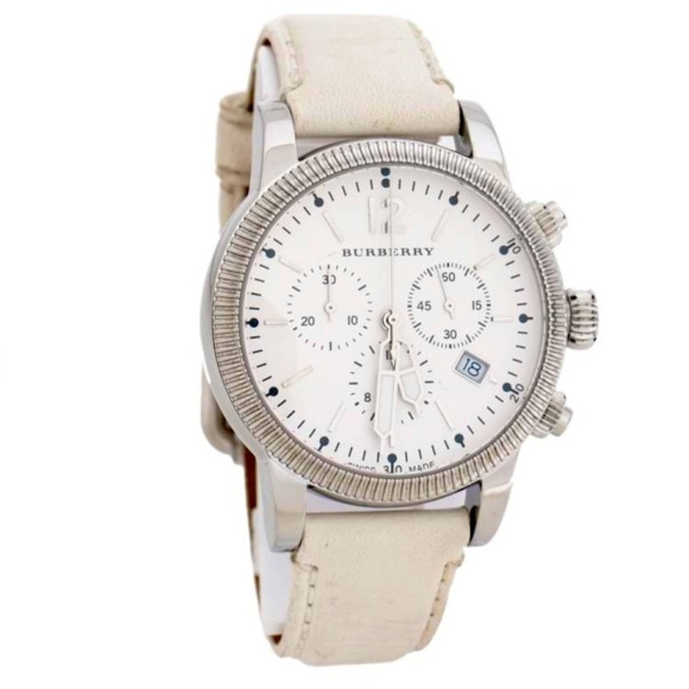 Pre 💕 Burberry White Stainless Steel Leather Utilitarian Unisex Wristwatch ⌚️